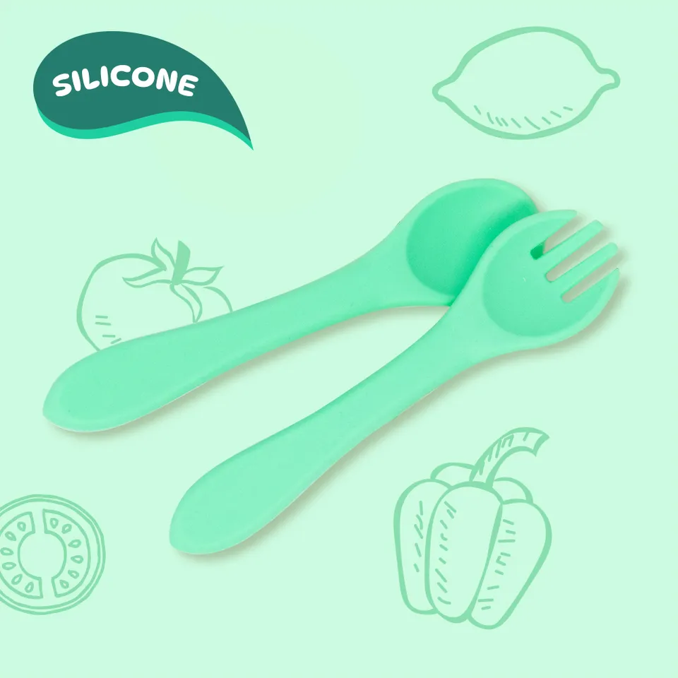 ciboulo-couverts-silicone-vert-b-b-cuill-re-fourchette-6-mois image 1